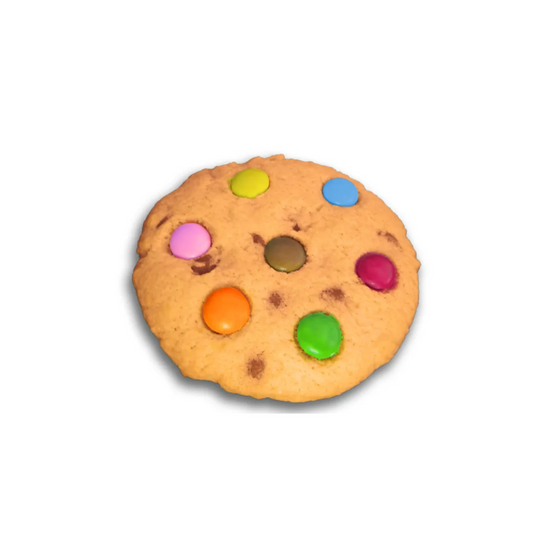 picture of a cookie with coloured shells on it, on a white background