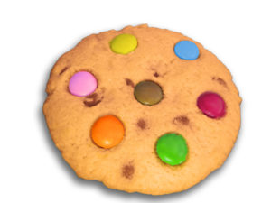 picture of a chocolate chip cookie with crispy colored shells on top (smarties)